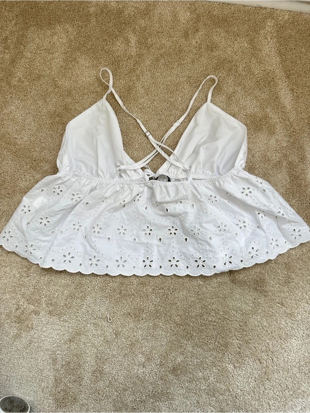 Zara White Eyelet Embroidered Tie-Front Crop Top – Size M